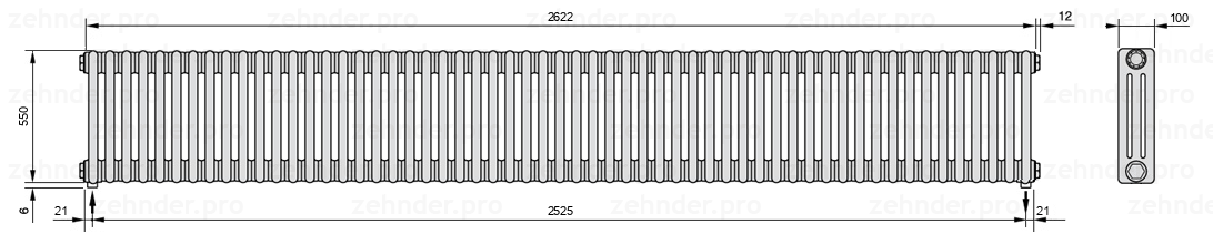 Схема (чертеж) Радиатор Zehnder Charleston 3055/57 №3570 Белый глянцевый RAL 9016